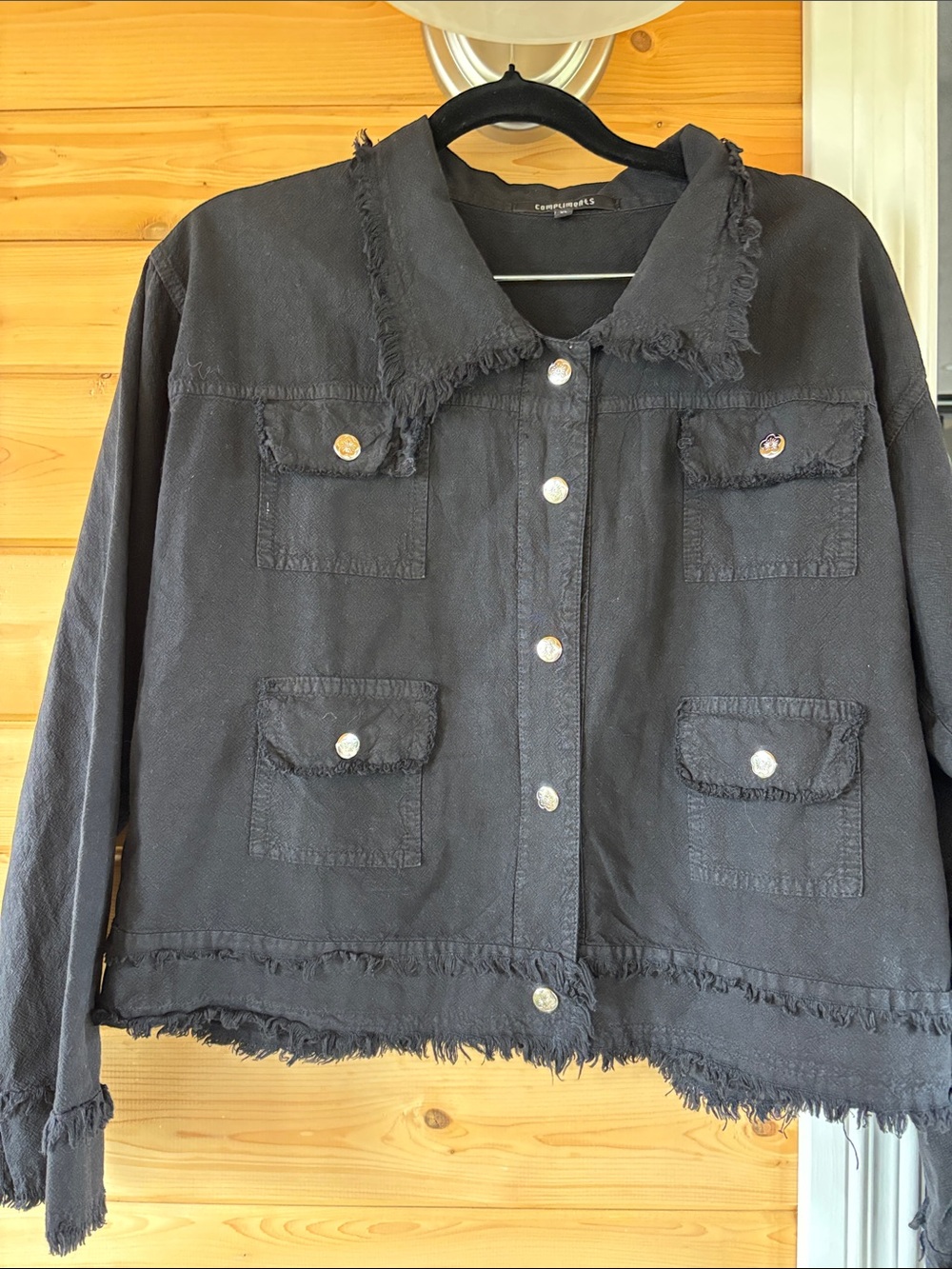 Frayed Hem Black Jean Jacket with Front Pockets